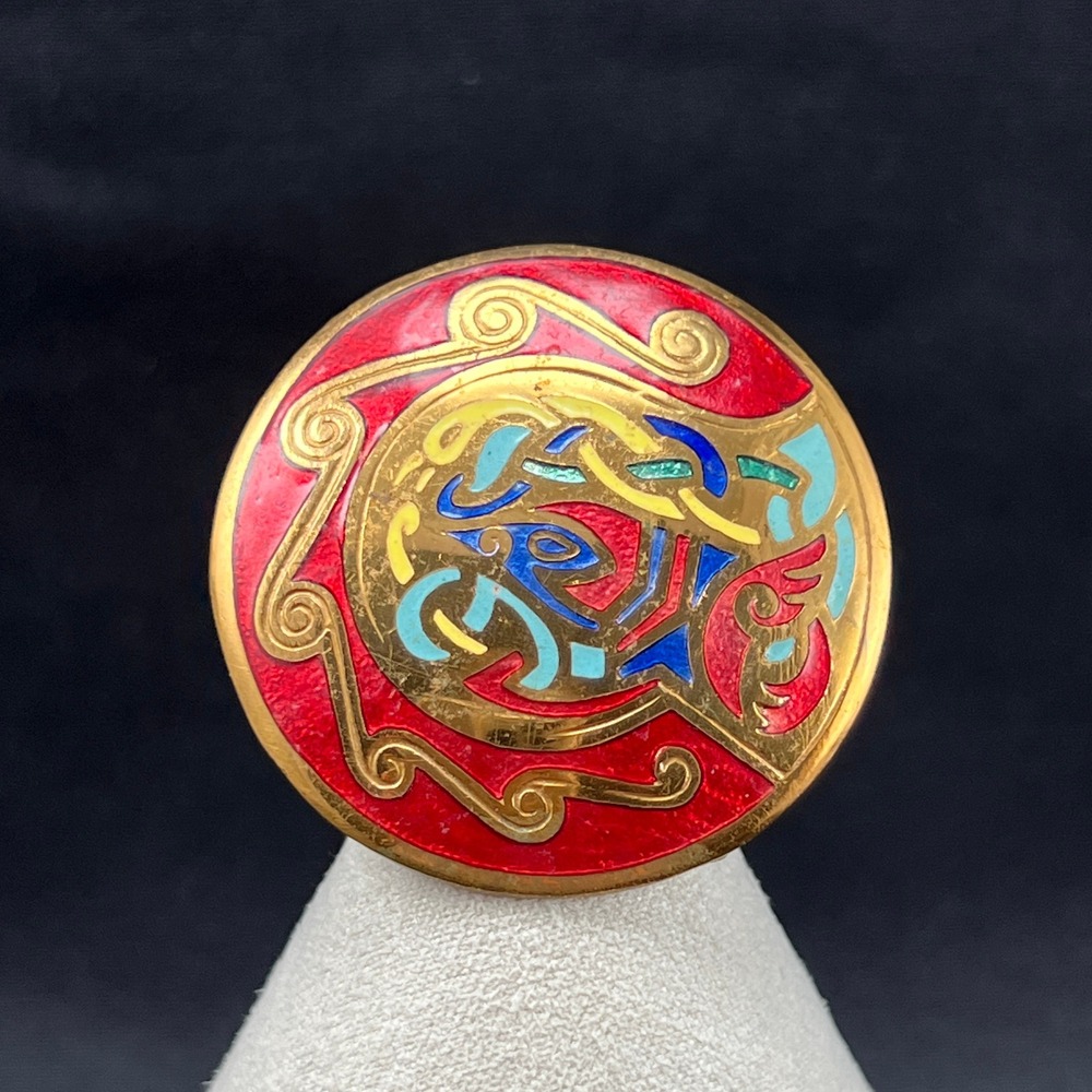 Vintage Celtic Brooch Red Gold Multicolor Enamel Knotwork Irish